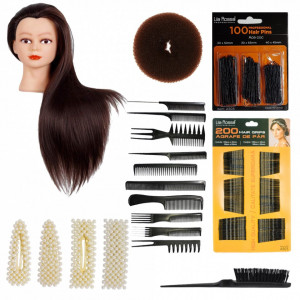 Set cap practica manechin Denisa Saten Natural 80% cu ace agrafe cu perle coc exersat coafuri impletituri salon frizerie - Img 1