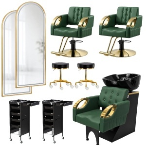 Set complet mobilier coafor Felicia, 9 piese – 2 scaune, 2 oglinzi, scafă, ucenici și taburete