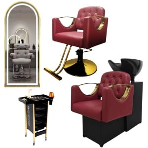 Set Complet Mobilier Coafor Luxos Bordo & Auriu – Scafa cu Scaun coafor rosu, Oglinda Led si Ucenic