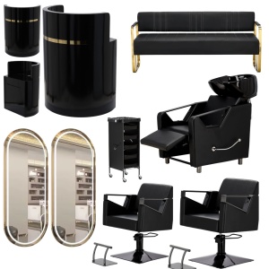 Set complet mobilier frizerie cu receptie, scafa, oglinzi salon, 2 scaune coafor, negru cu gold