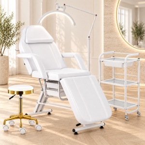 Set complet Mobilier Salon Cosmetică 4 Piese Alb Auriu | Pat cosmetica, Ucenic, Lampă LED, Taburet - Img 10