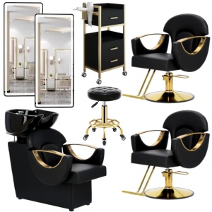 Set de Mobilier pentru coafor cu 2 scaune frizerie, unitate de spalare, 2 oglinzi LED, VERDE - Img 1