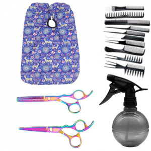 Set frizerie Ardette, Kids03, cu foarfeca de tuns si filat, pelerina tuns, pulverizator si 10 piepteni pentru copii