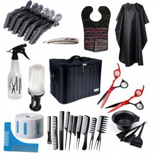 Set kit frizerie coafor foarfeca tuns filat pelerina vopsit piepteni geanta brici metalic NEOO - Img 1