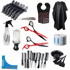 Set kit frizerie coafor foarfeca tuns filat pelerina vopsit piepteni brici metalic STEPHAN - Img 1