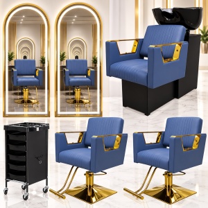 Set Mobila Salon Albastru cu Auriu – Scafă frizerie, 2 Scaune coafor albastre, 2 Oglinzi LED Gold