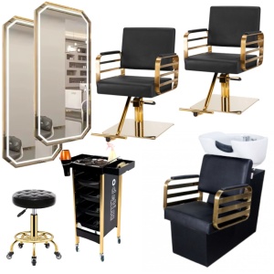 Set Mobilier complet frizerie cu 2 scaune coafor, 1 scafa, 2 oglinzi LED, Negru cu Auriu - Img 1