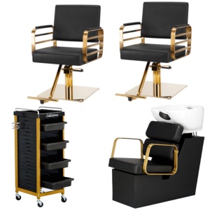 Set Mobilier complet frizerie cu 2 scaune coafor, 1 scafa, ucenic cosmetica, Negru cu Auriu - Img 1