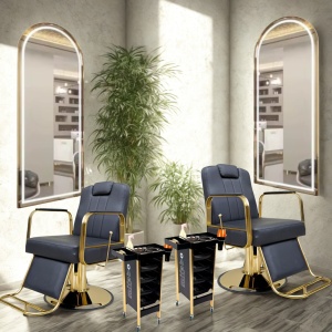 Set mobilier frizerie cu 2 posturi de lucru, 2 scaune barber rabatabile, 2 ucenici, negru cu auriu - Img 7