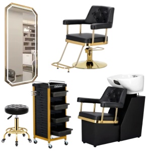 Set mobilier frizerie si coafor cu scaun coafor si unitate de spalare, Negru cu Auriu - Img 1