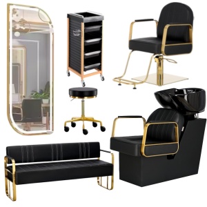 Set mobilier salon 6 piese, scaun coafor, scafa frizerie, oglinda Led, canapea receptie - Img 1