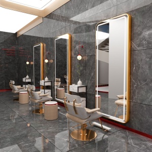 Set Mobilier salon frizerie cu 3 scaune coafor, 1 scafa, 3 oglinzi Led cu Auriu, 3 ucenici - Img 7