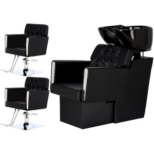Set scafa frizerie cu 2 scaune coafor hidraulice, Negru cu Argintiu
