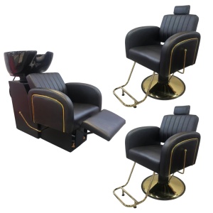 Set Scafa frizerie cu 2 scaune frizerie, rabatabile cu tetiera, negru cu auriu - Img 1