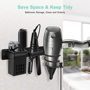 Suport de perete pentru uscator, placa de par, organizator frizerie, negru, 29x7x12cm - Img 7