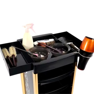Ucenic frizerie coafor Negru, 4 sertare, Plastic dur, Picioare metalice Aurii, 89x37x31cm - Img 4