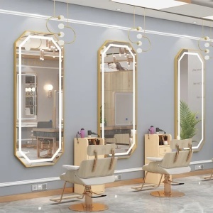 Amenajare salon coafor de Lux cu 2 scaune coafor si scafa frizerie profesionala, bej cu auriu, oglinzi Led - Img 12