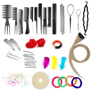 Cap de practică manechin cu păr sintetic 60 cm blond – pentru tuns, coafat, împletituri, accesorii incluse + suport de masă - Img 6