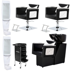 Dotare salon coafor cu 2 scaune, post de lucru frizerie si scafa profesionala, Negru cu alb, Anna - Img 1