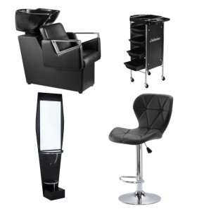 Mobilier saloane cu un scaun frizerie - Kit frizerie SDN03 cu 1 x scafa coafor, 1 x ucenic frizerie, 1 x oglinda salon, 1 x scaun coafat