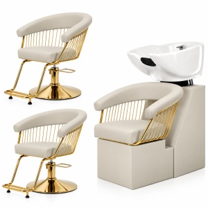 Mobilier salon coafura cu 2 scaune coafor si scafa frizerie profesionala, bej inchis cu auriu