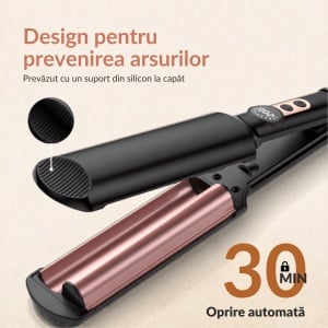 Ondulator de par in valuri pentru bucle, Placa profesionala de ondulat creponat Easy Waves, Negru Gold, Placi ceramice, 5 trepte temperatura - Img 3