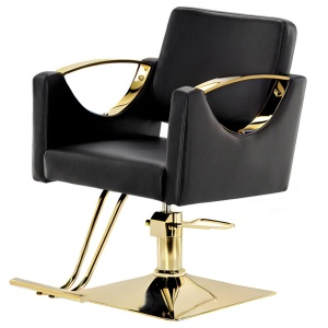 Scaun coafor negru cu auriu, hidraulic, reglabil pe inaltime, cu suport picioare