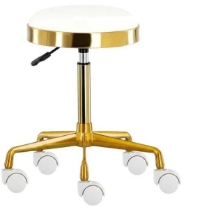 Scaun cosmetician alb cu auriu– taburet rotund hidraulic, pentru salon spa si cosmetica