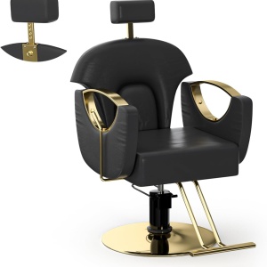 Scaun frizerie barber profesional, reglabil, cu tetiera, rabatabil pe spate, negru cu auriu - Img 4