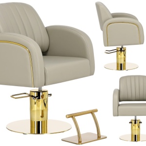 Scaun frizerie Luxos pentru salon coafor, bej gri cu auriu, hidraulic, reglabil pe inaltime - Img 4
