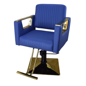 Scaun frizerie și coafor hidraulic Albastru cu finisaje Auriu Gold – Profesional, Reglabil