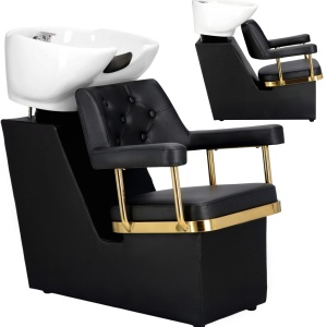 Set Complet Mobila Coafor Chesterfield - scaun frizerie negru auriu, scafa, oglinda LED - Img 5