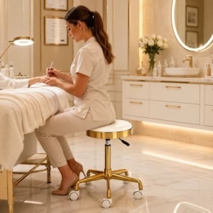 Set complet Mobilier Salon Cosmetică 4 Piese Alb Auriu | Pat cosmetica, Ucenic, Lampă LED, Taburet - Img 8