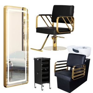 Set complet Mobilier salon frizerie cu scaun coafor, scafa, oglinda Led cu Auriu