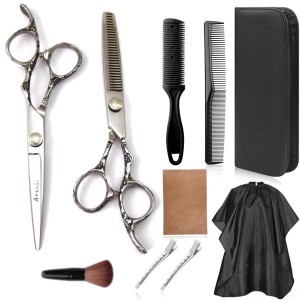 Set foarfeca tuns si filat, Ardette, 10 piese, Inox, Husa depozitare, Manta frizerie, Clame metalice, pamatuf, pieptene carbon - Img 3
