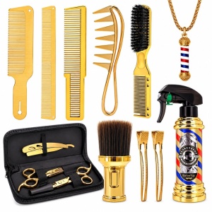 Set frizerie complet profesional cu foarfeca tuns filat, 14 piese, Gold auriu, Barber