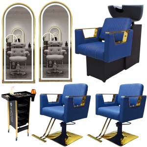 Set Mobila Salon Albastru cu Auriu – Scafă frizerie, 2 Scaune coafor albastre, 2 Oglinzi LED Gold