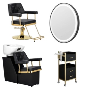 Set Mobilier Coafor Chesterfield cu scaun frizerie negru auriu, scafa profesionala, oglinda LED - Img 1
