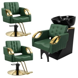 Set Mobilier coafor premium, Verde cu Auriu, cu 2 scaune coafor si scafa frizerie