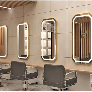 Set Mobilier complet frizerie cu 2 scaune coafor, 1 scafa, 2 oglinzi LED, Negru cu Auriu - Img 6