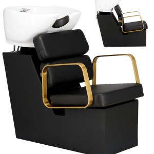 Set Mobilier complet frizerie cu 2 scaune coafor, 1 scafa, ucenic cosmetica, Negru cu Auriu - Img 5