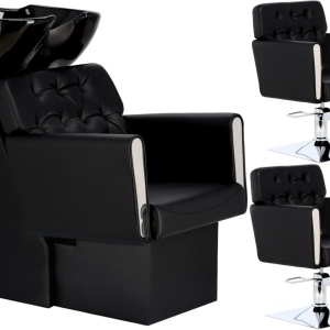 Set mobilier frizerie cu scafa, 2 scaune coafor, 2 oglinzi Led, Negru cu Argintiu - Img 6