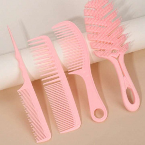 Set perie coafor curbata cu 3 piepteni frizerie, roz - Img 4