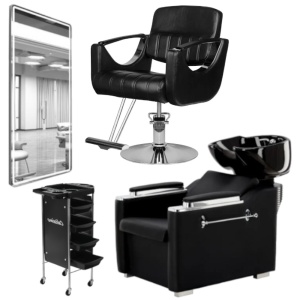 Set Scafa coafor cu scaun frizerie, oglinda Led 170x70cm si ucenic, Negru cu argintiu - Img 1