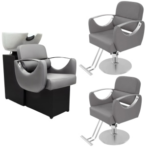 Set Scafa frizerie cu 2 scaune coafor, gri cu argintiu si 2 oglinzi frizerie silver LED - Img 2