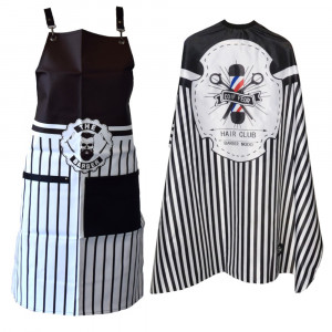 Set Sort ecopiele cu pelerina complementara Cosmo01s pentru frizerie barber unisex cu dungi, buzunare