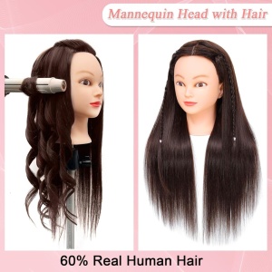 Cap de practică manechin cu păr natural uman, 55 cm, termorezistent, saten – ideal pentru tuns și coafat - Img 3