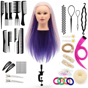 Cap practica manechin cu par sintetic, 60 cm, roz cu suvite mov, cu accesorii incluse