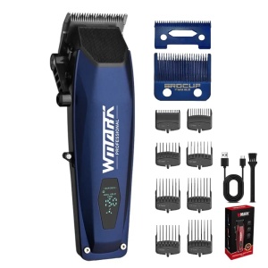 Mașină de Tuns Profesională WMARK NG-125 – 7500 RPM, Lame Inox 5Cr15 & Ceramică, Afișaj Digital, 8 Piepteni, Autonomie 150 min – Albastra
