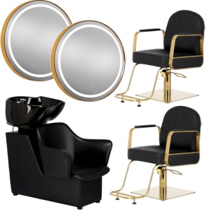 Mobilier salon Frizerie cu 2 scaune frizerie, scafa coafor, 2 Oglinizi LED, 80cm - Img 1